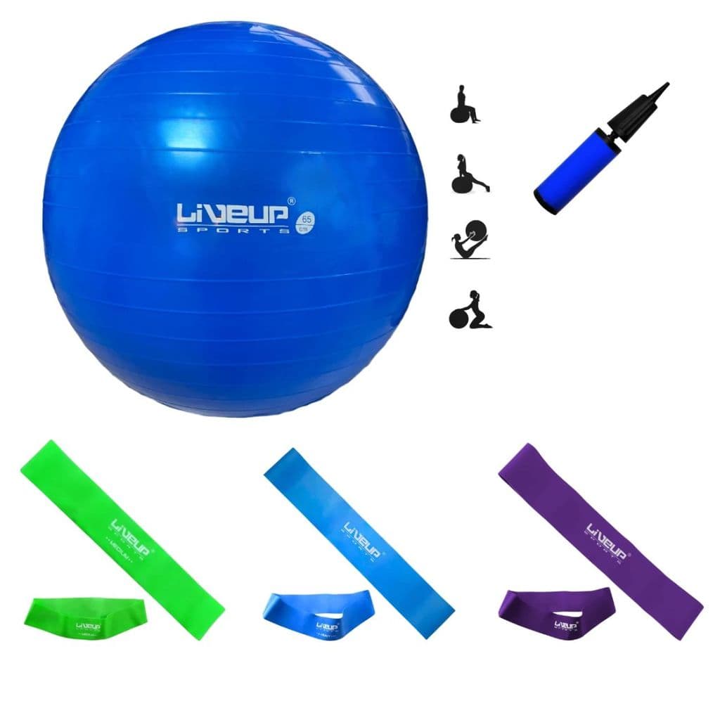 Kit 3 Mini Bands + Bola Suíça 65cm + Mini Bomba Exercícios Funcionais e Yoga