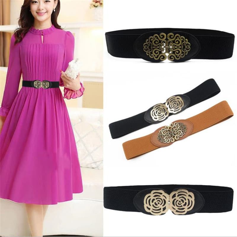 Versão coreana moda All-Match feminino elástico cintura estreita selo senhoras vestido decorativo fino cinto preto novo