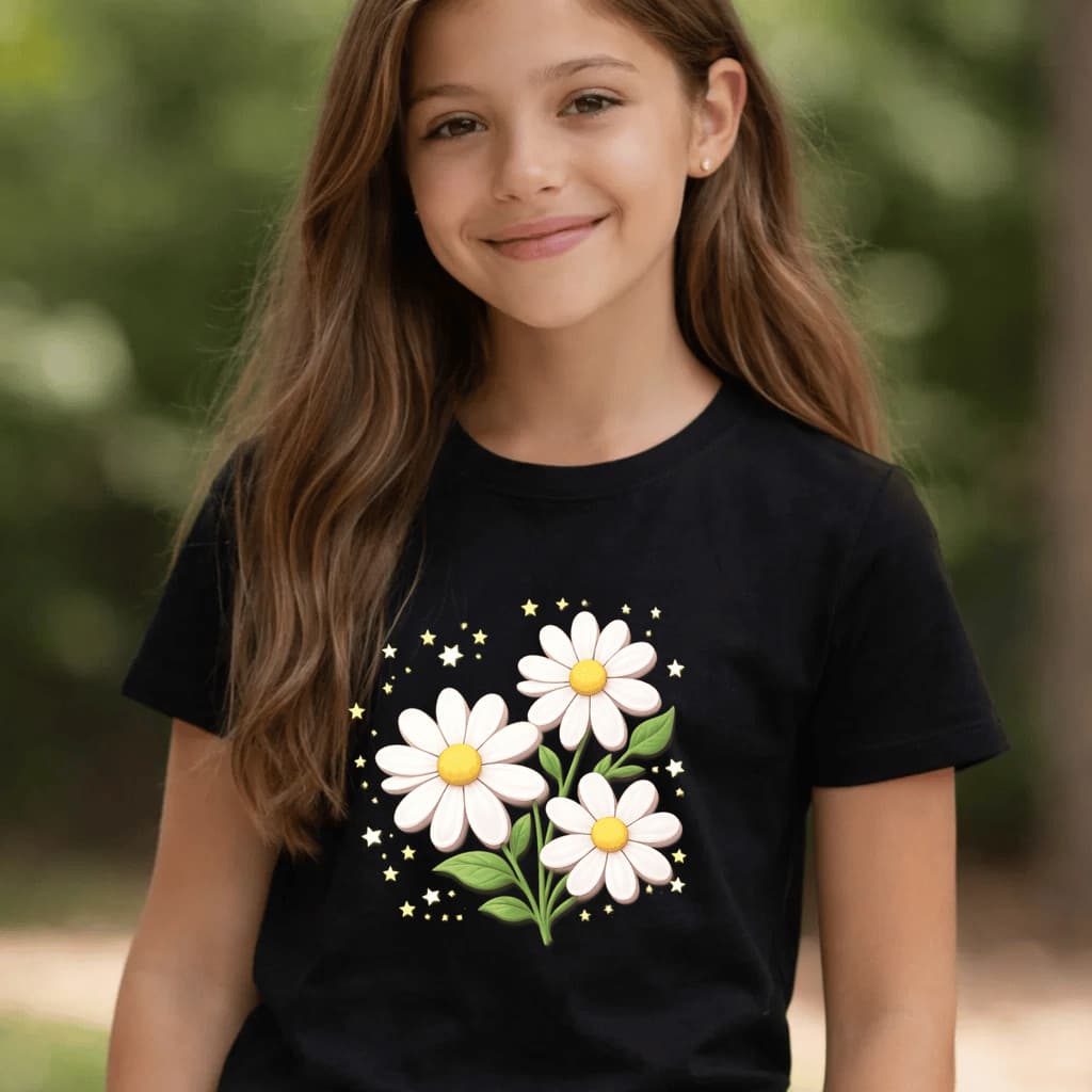 Camiseta Infantil Estampada Criança 3 Margaridas 100% Básica Manga Curta Unissex Masculina e Feminino Básica