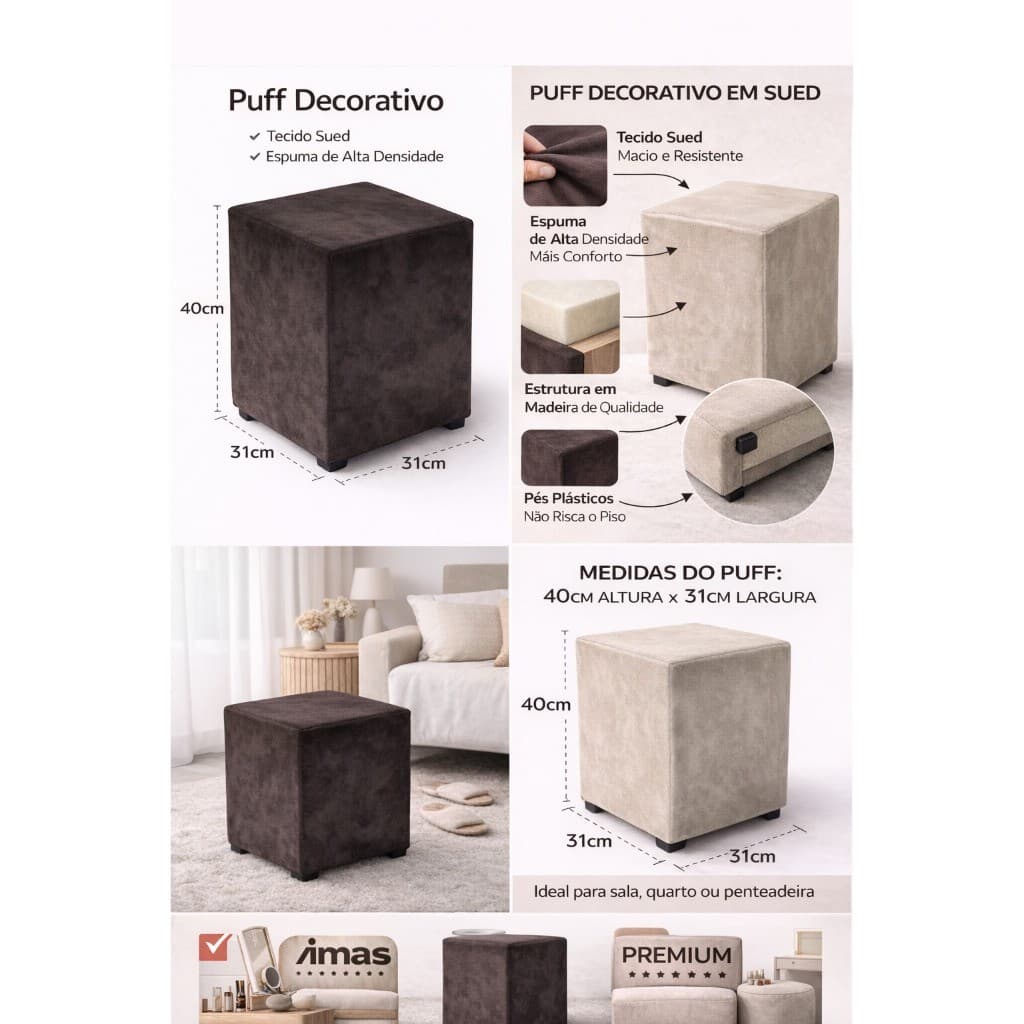 Puff  Puf Pufe Cubo Design Sofisticado e Conforto Duradouro, Resistente até 100kg