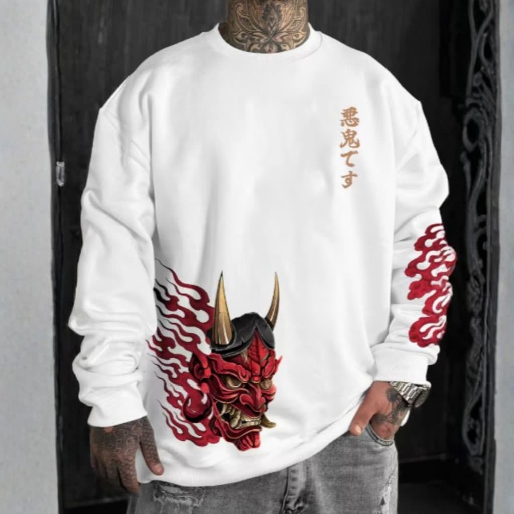 Moletom Gola Redonda Aesthetic Oni Cultura Japonesa Chamas Street Y2k Casual Masculina