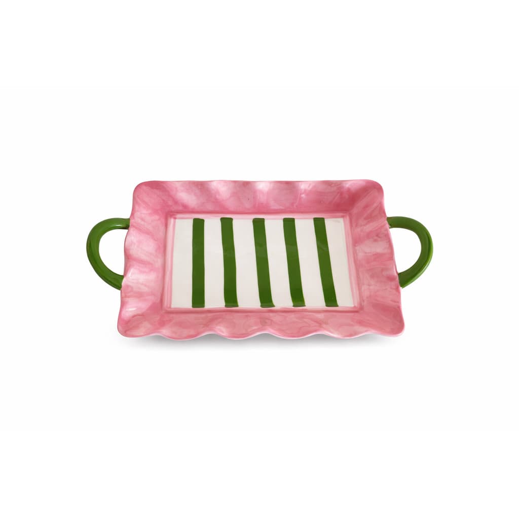TRAVESSA RETANGULAR 29x18cm PORCELANA COM ALÇA LISTRAS ROS