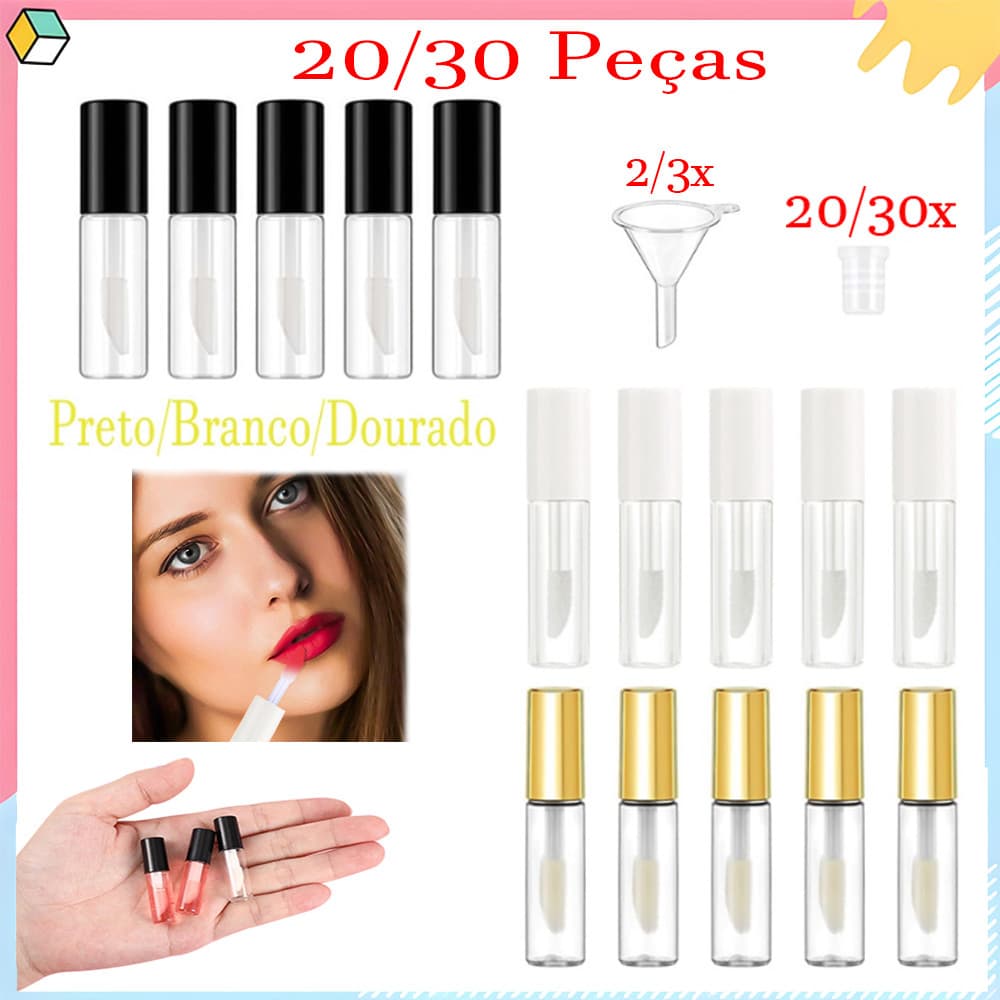 Pacote com 20/30 tubos vazios de brilho labial, mini recipientes de cosméticos recarregáveis de 1,2 ml, transparentes