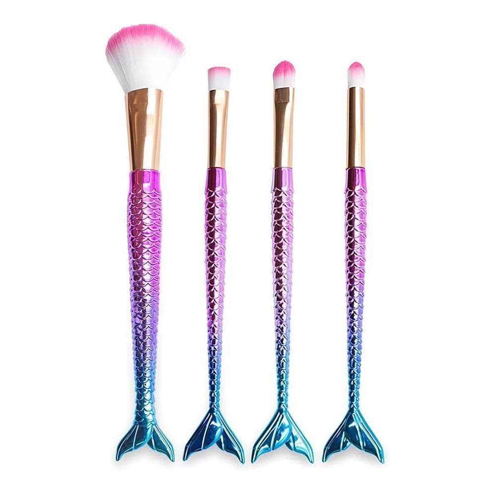 Kit 4 Pincéis Maquiagem Cauda De Sereia Com Esponjas Para Pó Blush Corretivo E Sombra