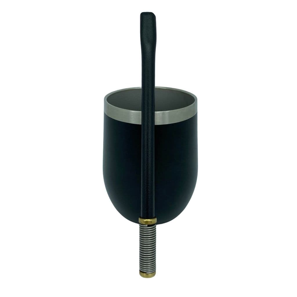 Kit tereré copo cuia térmico 350ml parede dupla inox preto + bomba mola com rosca desmontável preta + escova higiênica