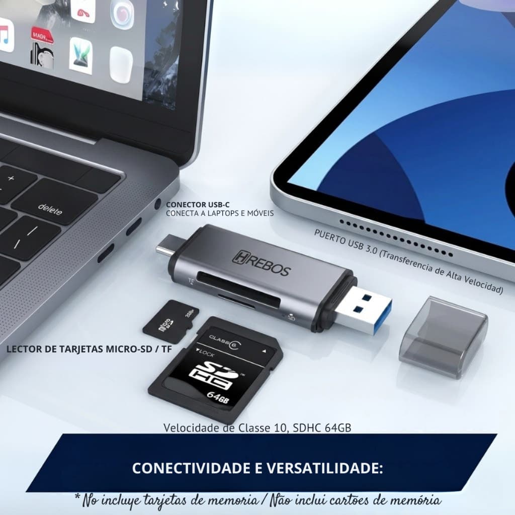 Leitor de Cartões 2 em 1 - Alumínio Prata, USB-C/USB 3.0, 5Gbps, Suporte 2TB