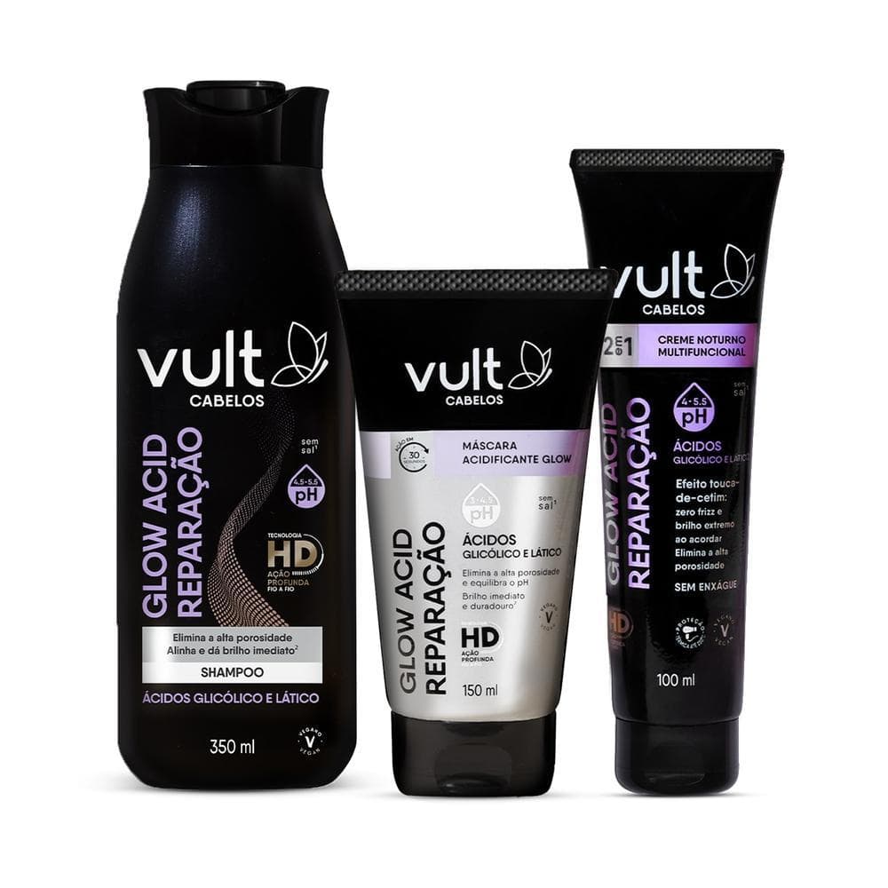 Combo Glow Acid Reparação: Shampoo 350ml + Máscara Acidificante 150ml + Creme Multifuncional 150ml
