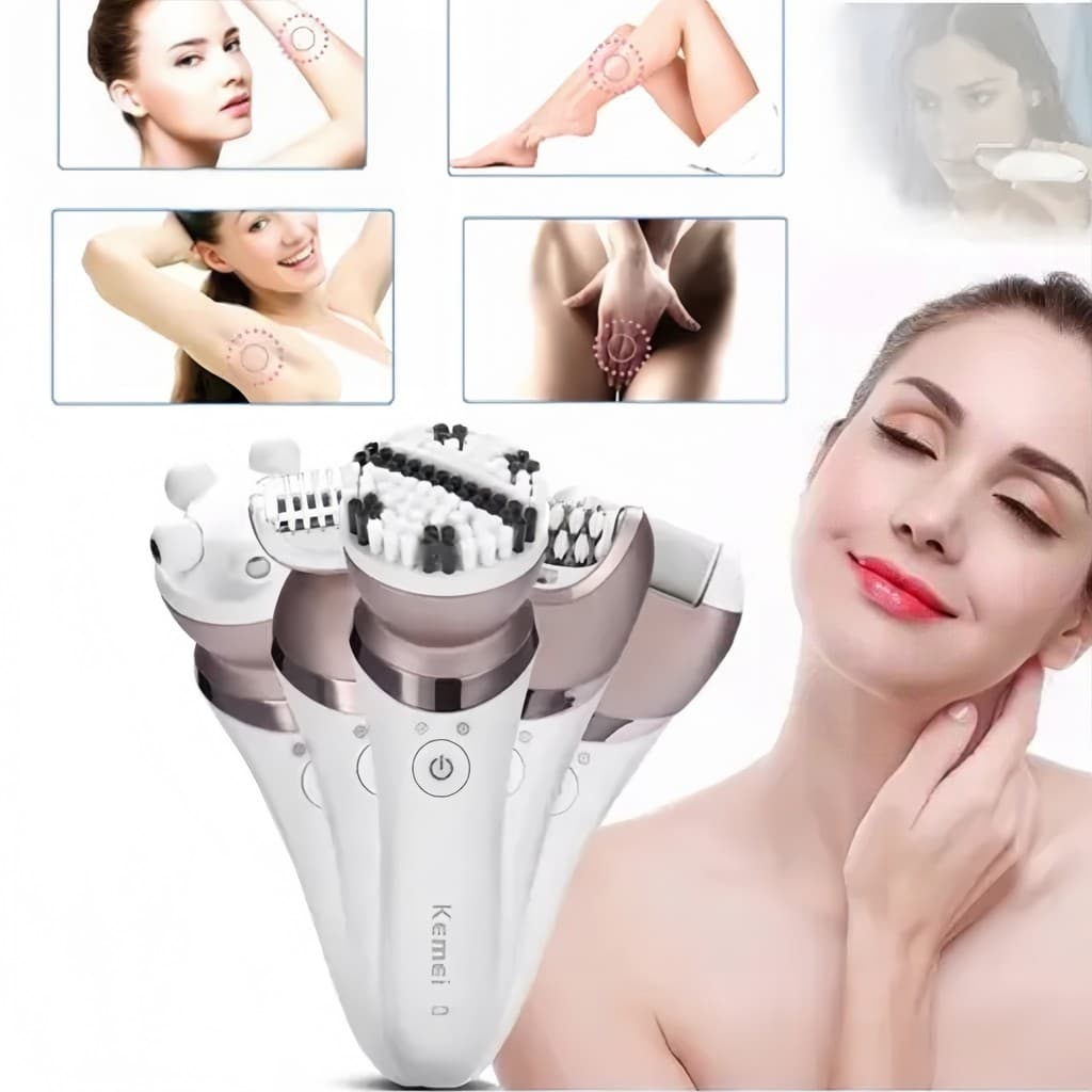 Depiladora Elétrica Feminina Kemei KM-8001 5 em 1 Original Recarregável Sem Fio para Corpo, Íntimas e Rosto