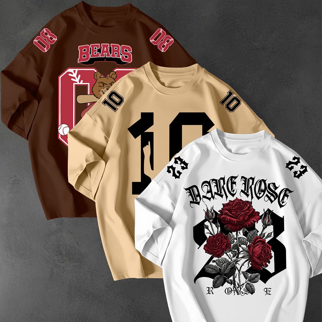 Kit 3 Camisetão Oversized Streetwear Estampa Número 10 Urso Rosas Unissex Look Academia Moda Urbana