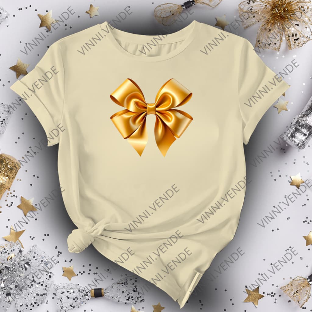 Camiseta Feminina Laço Dourado Blusa 100% Algodão Delicada Festas Fim de Ano