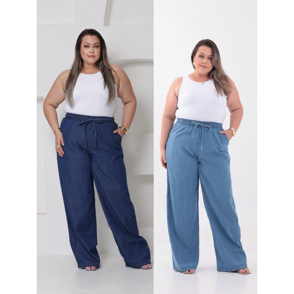 Kit 2 Calças Pantalona Plus Size Feminina Wide Leg Tecido Leve Cordão De Ajuste Casual Conforto