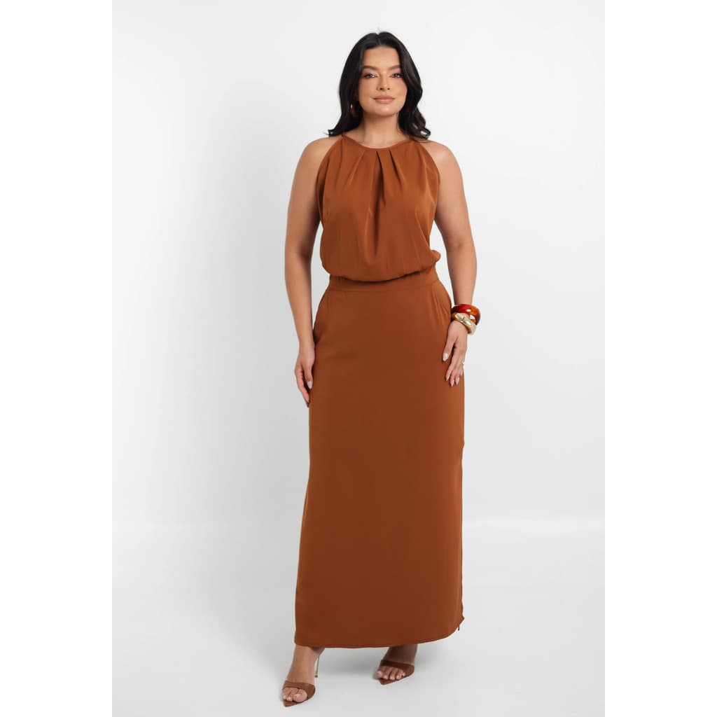 Vestido Longo Feminino Gola Halter com Fenda Lateral Elegante - Bárbara