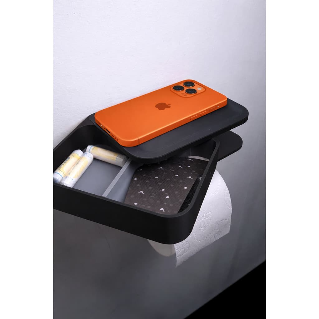 Suporte Papel Higiênico Preto + Celular Parede Sem Furo - Decoração Banheiro Moderno e Prático