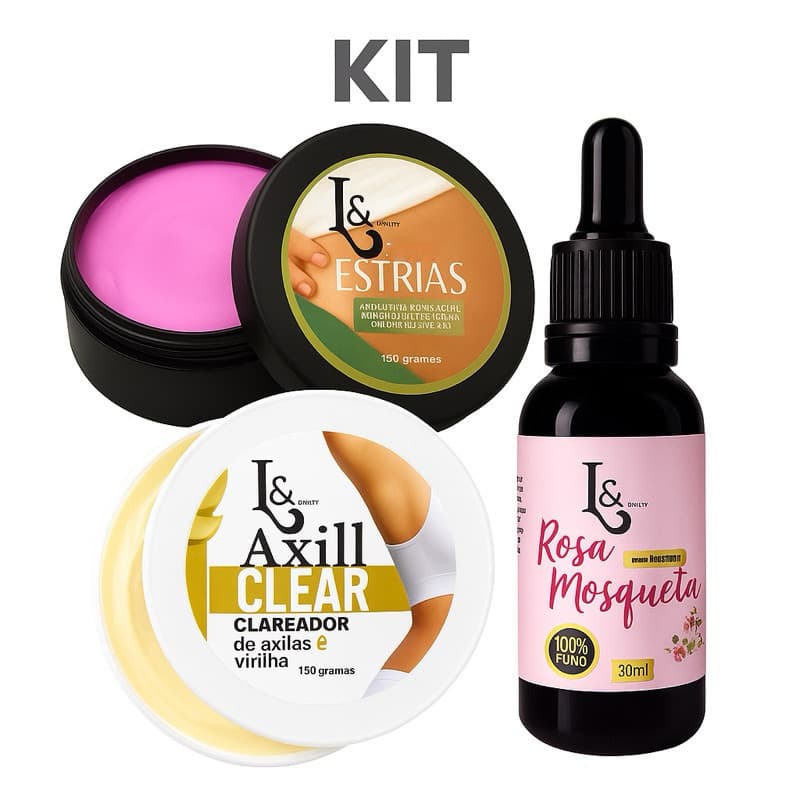 Kit Clareador para Axilas e Virilhas + Creme para Estrias + Óleo de Rosa Mosqueta 100% Puro – Dusk Cosméticos