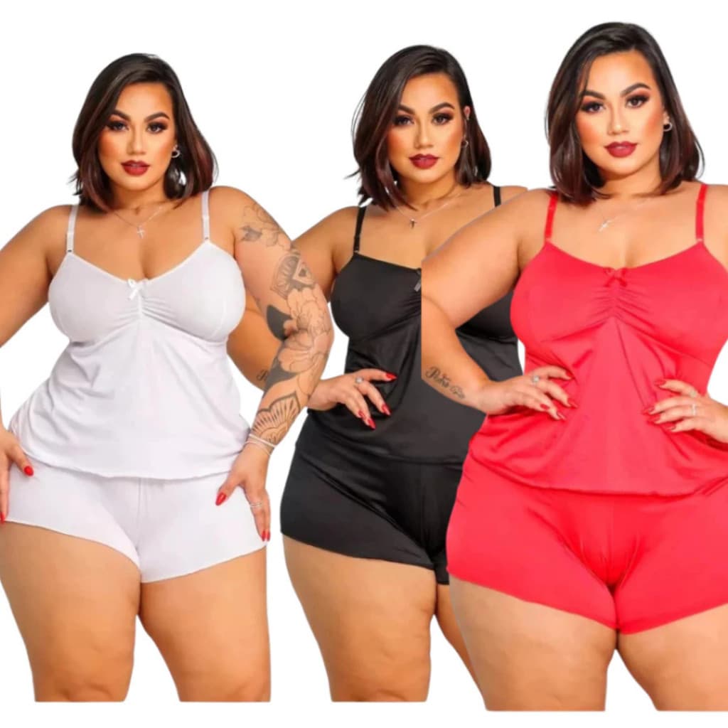 Kit 6 peças Baby Doll Plus Size Feminino LISOS - 3 blusas e 3 bermudas Conjunto Short Doll