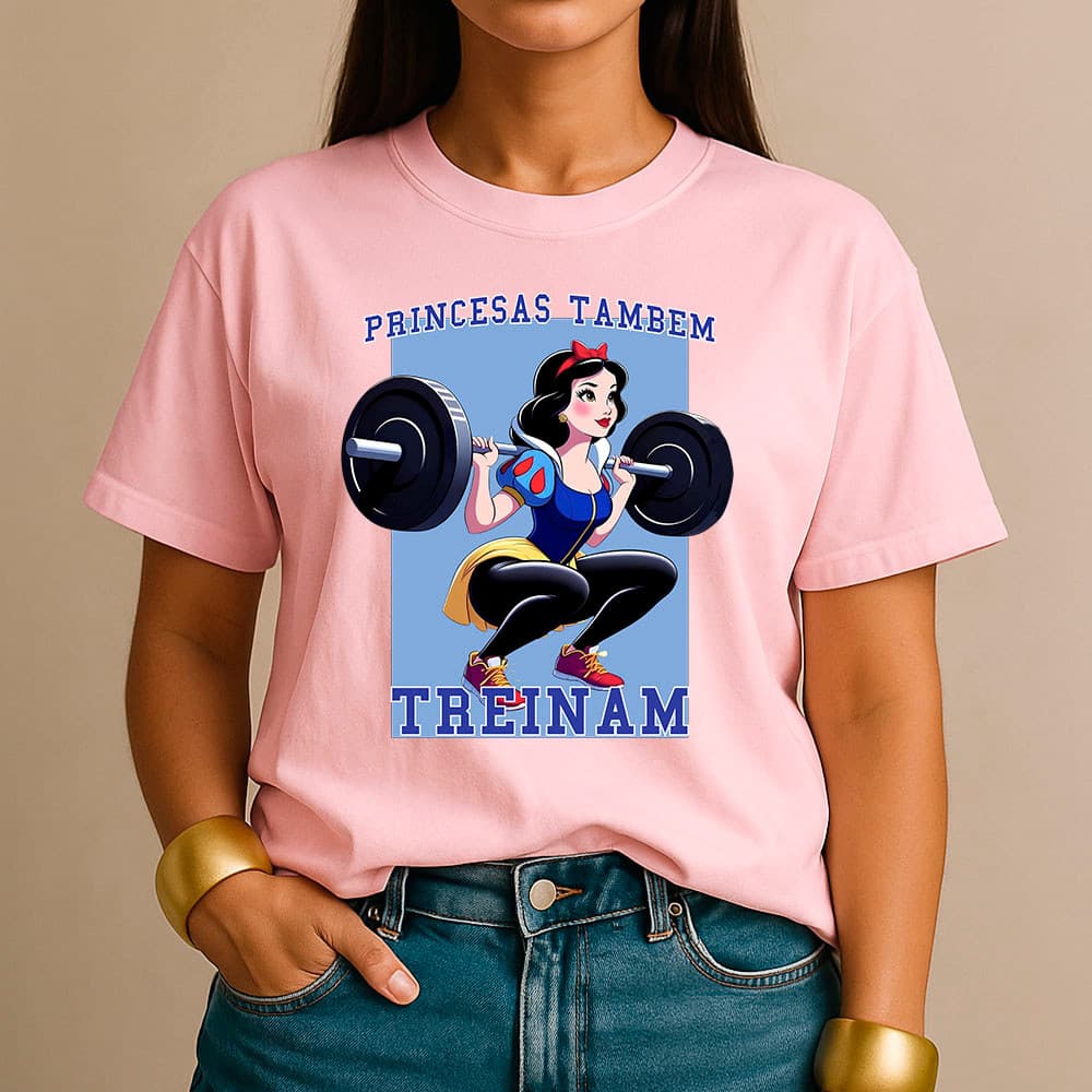 Camiseta Feminina 100% Algodão Camisa Princesas Também Treinam Academia Moda Fitness Streetwear