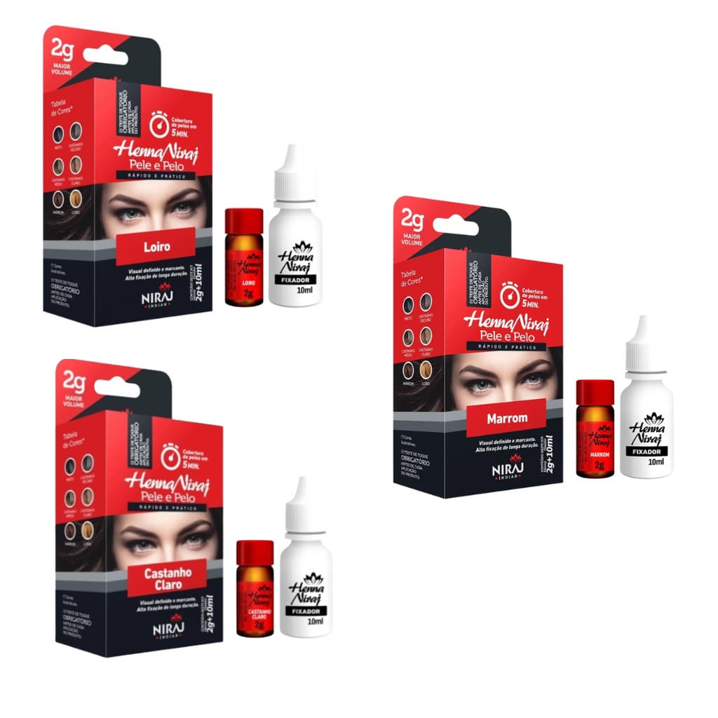 KIT HENNA 2GR + FIXADOR 10ML PARA SOBRANCELHAS - NIRAJ - ESCOLHA O SEU TOM