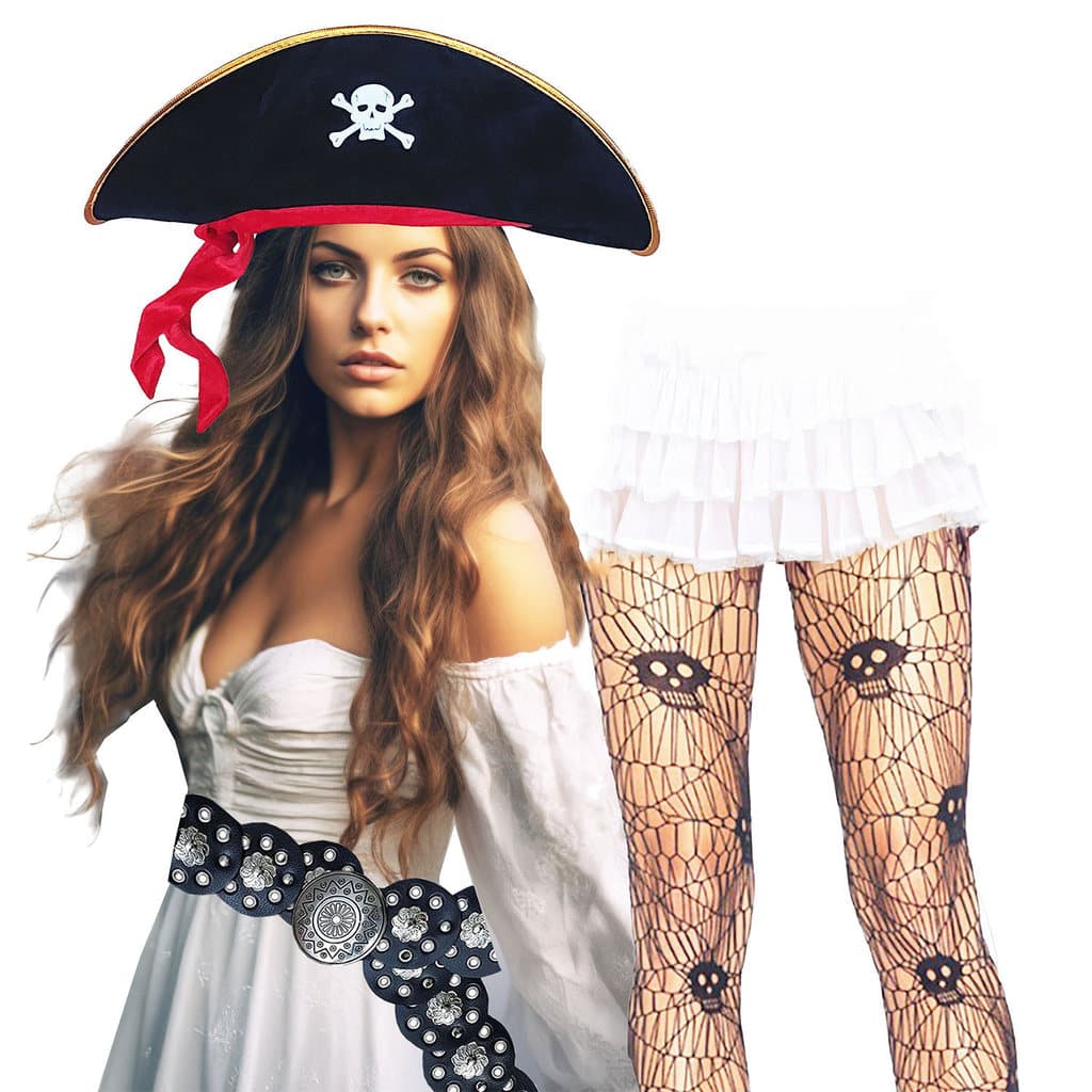 Acessórios Fantasia Festa Carnaval Pirata Feminino: Cinto + Chapéu + Meia Arrastão Temática = 3 Produtos