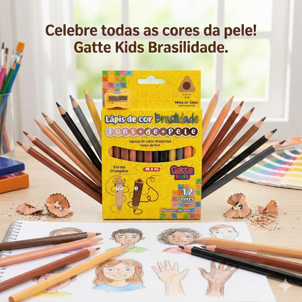 Lápis de Cor Tons de Pele 12 Cores Triangular | Com Apontador | Infantil