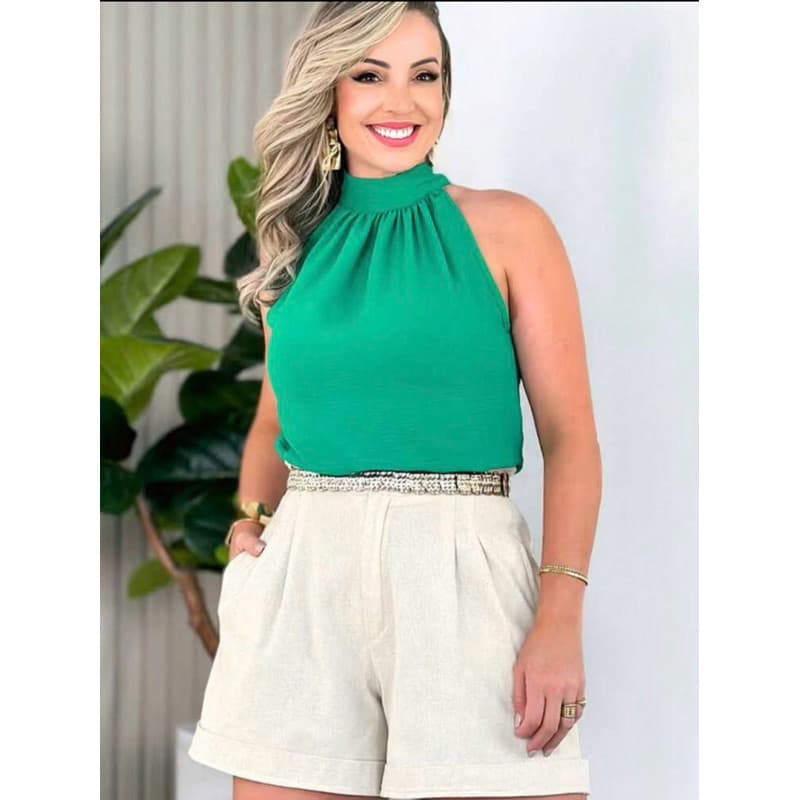 Blusa regata feminina gola alta franzido tecido duna