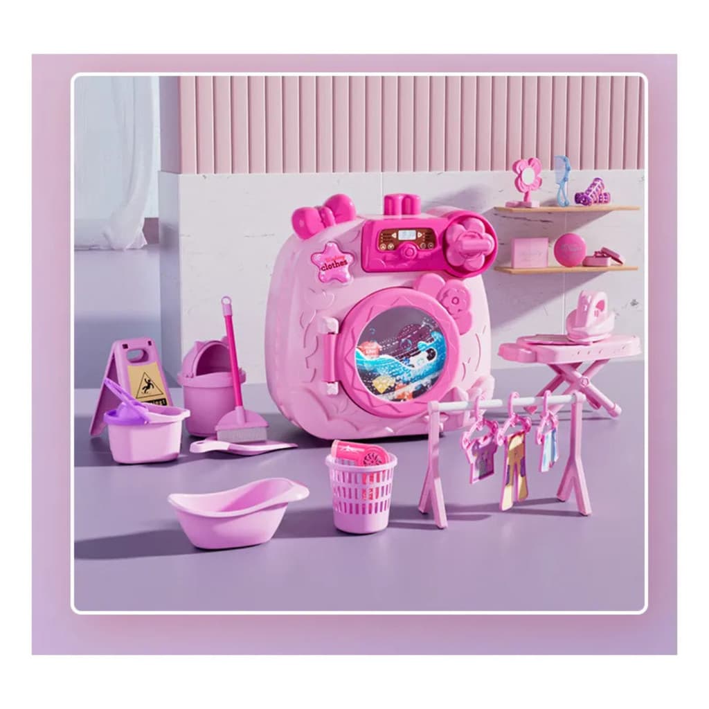 Kit Máquina de Lavar Infantil Brinquedo com 30 Acessórios Som e Luz faz de Conta Educativo