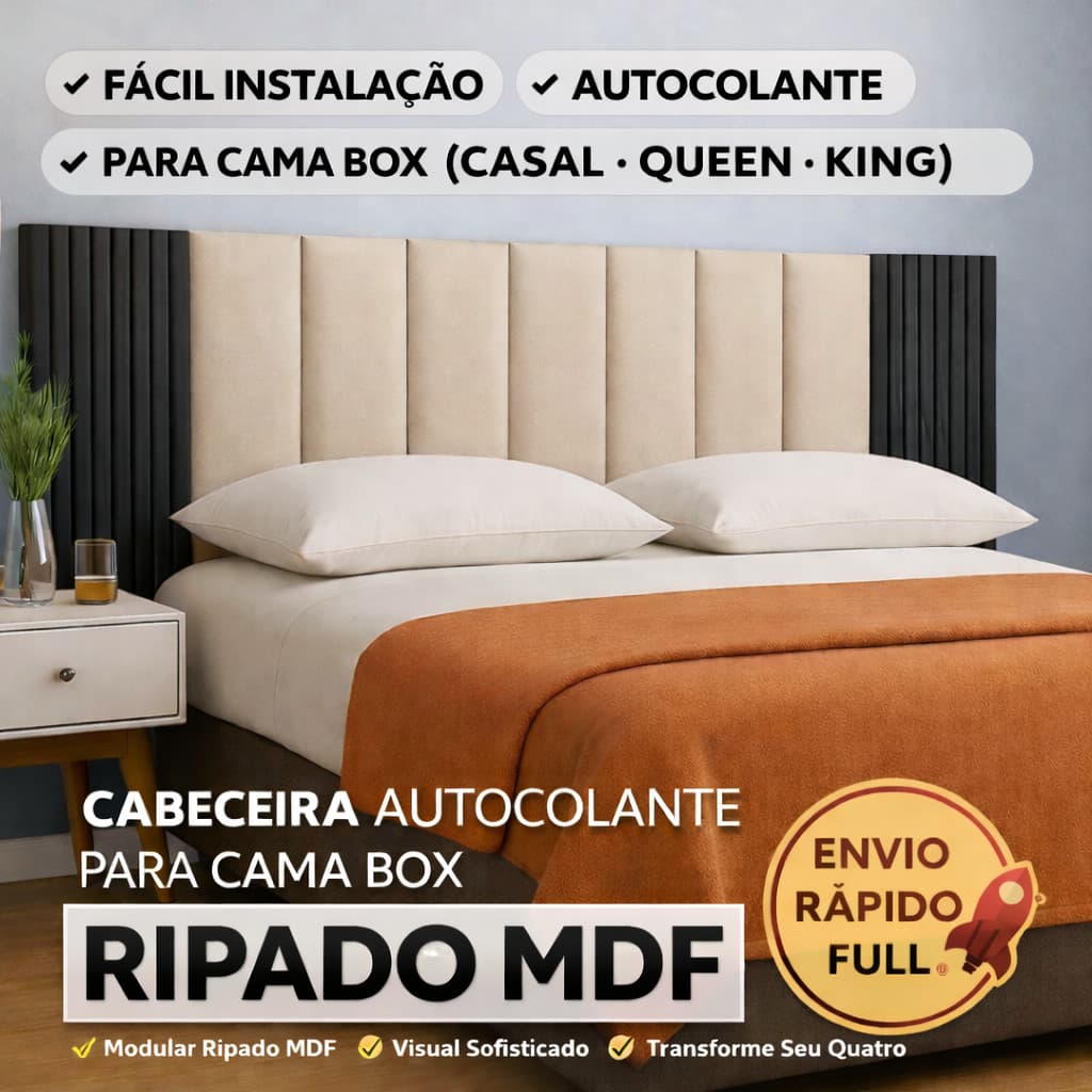 Kit Cabeceira Ripado MDF Autocolante Modular p/ Cama Box Casal Queen King Painel Ripado Quarto