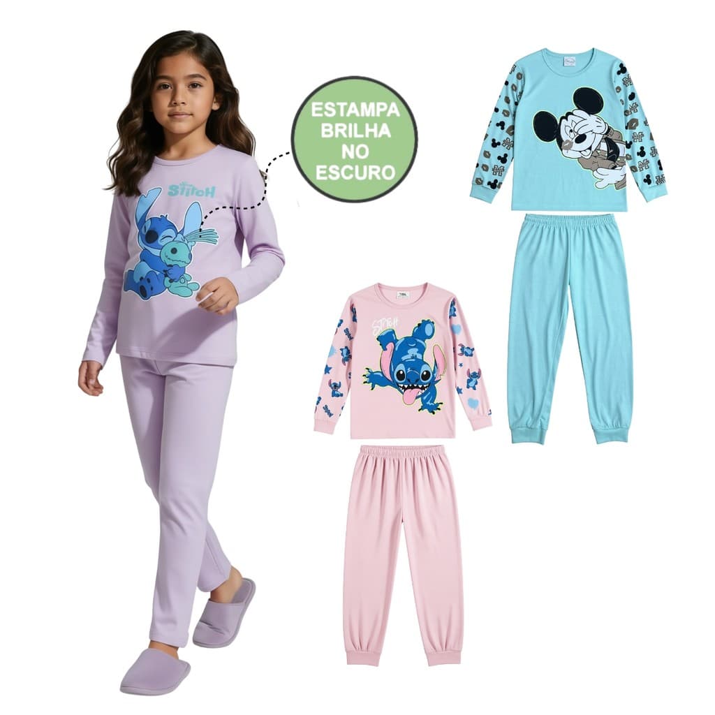 Conjunto Pijama Brilha no Escuro Personagens Manga Longa Menina Infantil Minnie Stitch Marie Inverno