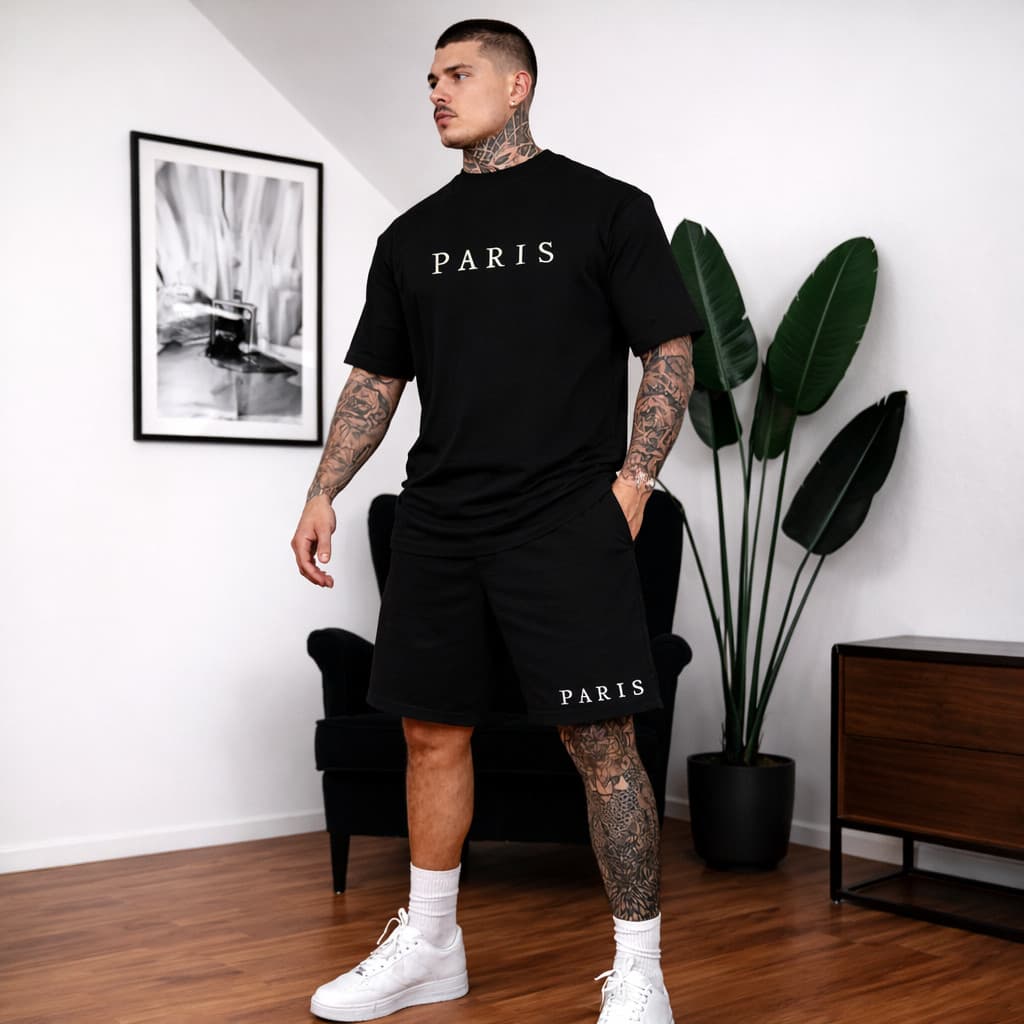 Conjunto de Short Tactel e Camiseta Casual de Manga Curta Estampada Letras Paris Confortavel Dia a Dia Piscina Praia