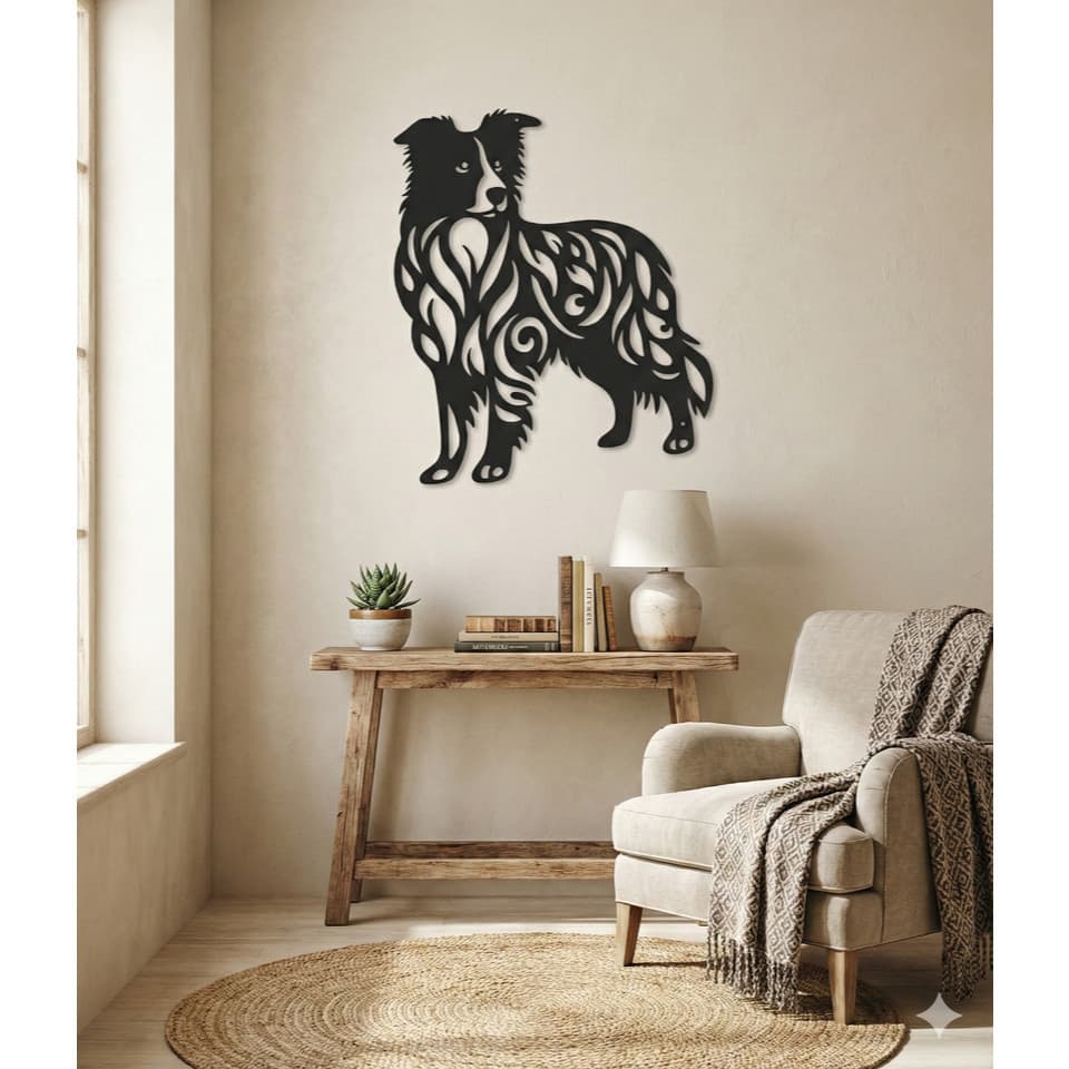 Quadro Vazado MDF Border Collie Cachorro Decoração de Parede Pet Lovers Moldura Decorativa Presente Criativo Premium