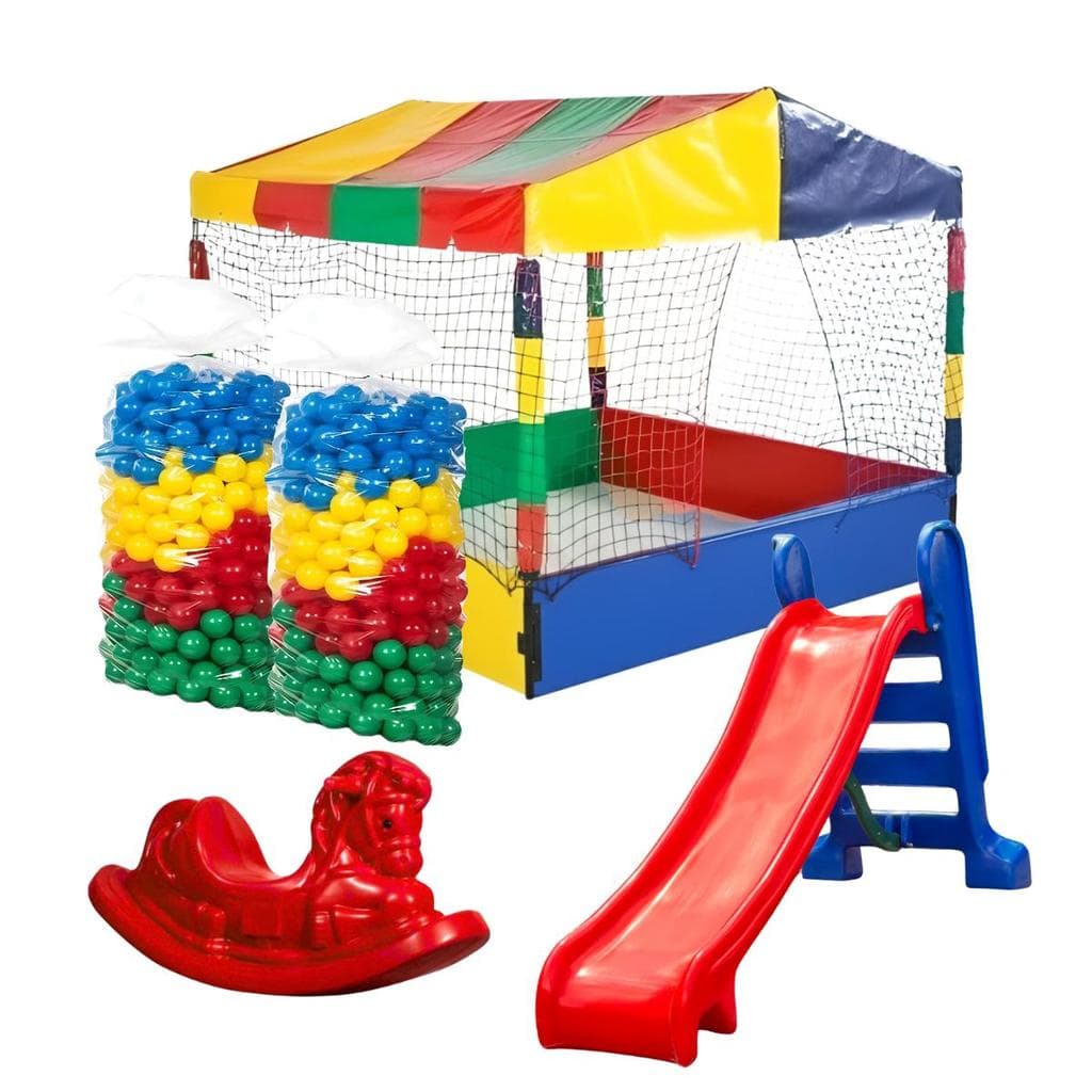 Kit com Piscina de Bolinhas 1,50m 1000 Bolinhas Escorregador Médio Gangorra 1 Lugar