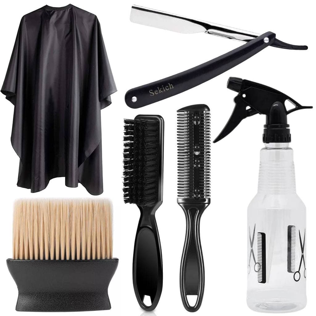 Kit Barbeiro Completo Capa + Navalhas + Espanadores + Borrifador Profissional