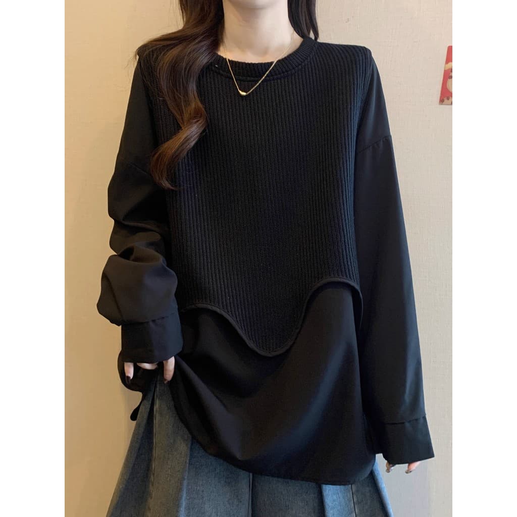 Tamanho grande High-End colete costura falso de duas peças camisa de manga comprida feminina início do outono 2025 novo
