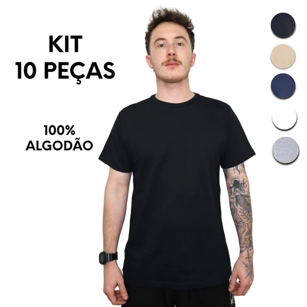 KIT 10 (lote dez) Camiseta Masculina Lisa Básica 100% Algodão 30.1 Confortável Macia Casual Trabalho