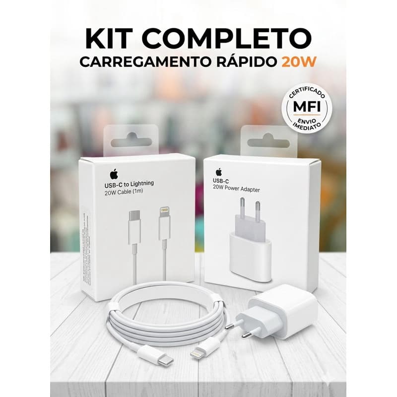 Kit Carregador 20W Turbo USB-C + Cabo Lightning 1m