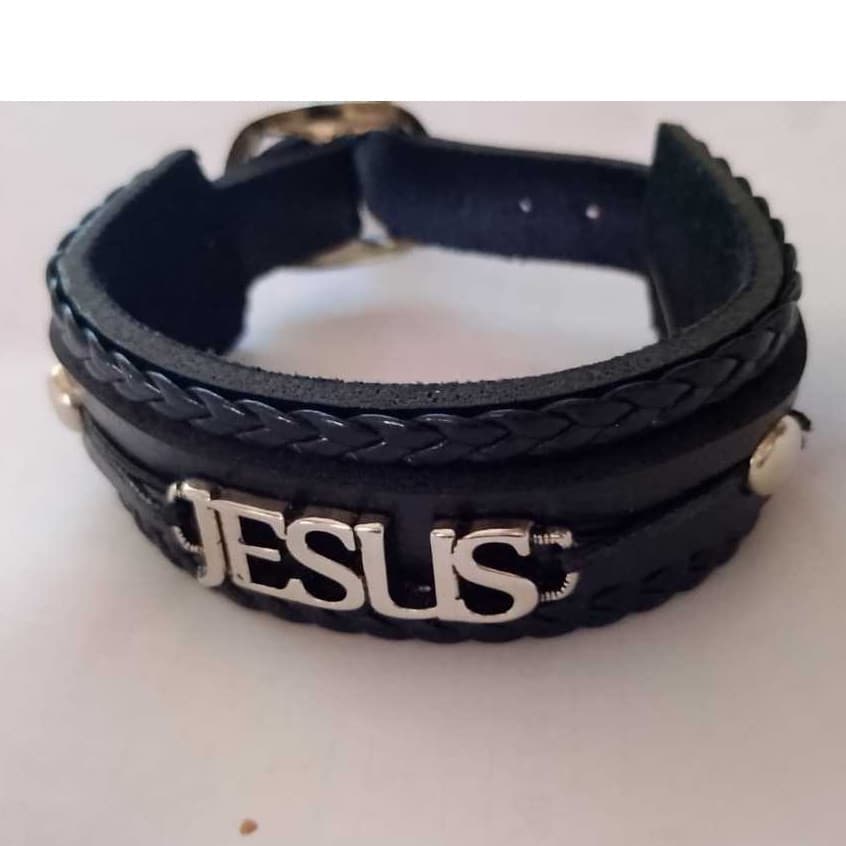 Pulseira de Couro Masculina JESUS Ajustável Preto