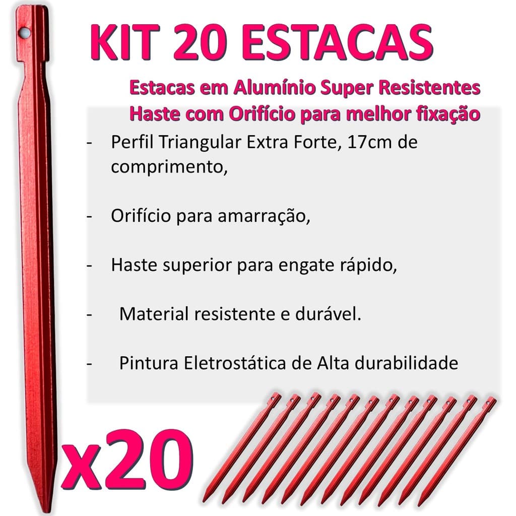 Kit 20 Estacas Alumínio Triangular Vermelha 17cm Camping com Orifício para Cordelete Reforçada