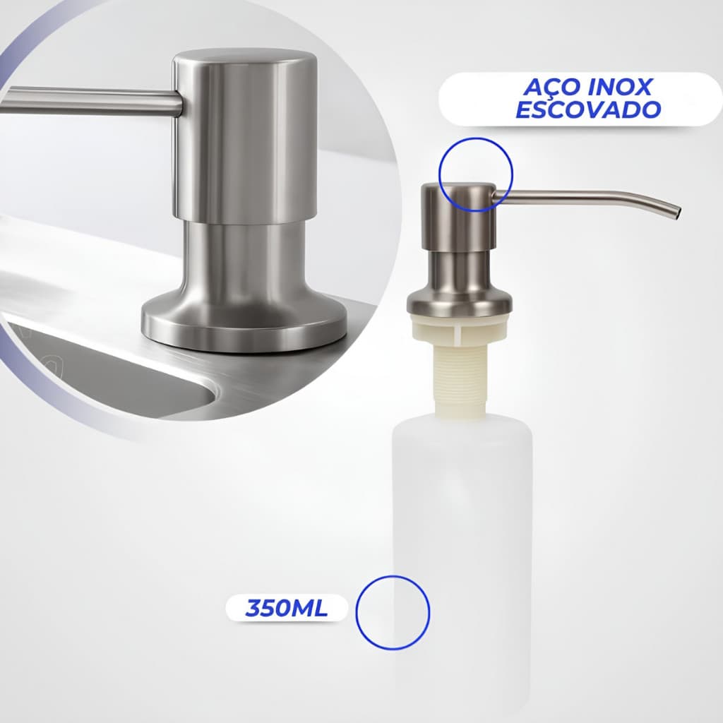 Dispenser Bancada Dosador De Embutir Pia Detergente Sabão Sabonete Liquido Metal Aço Inox Resistente Rotativo Removível