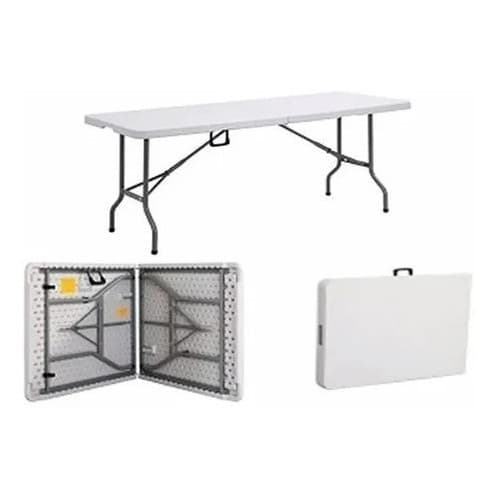 Mesa De Camping Praia Dobrável 180x73 Para 6 Pessoas Em Aço E Vira Maleta Importway Iwmcd-18376 Branco