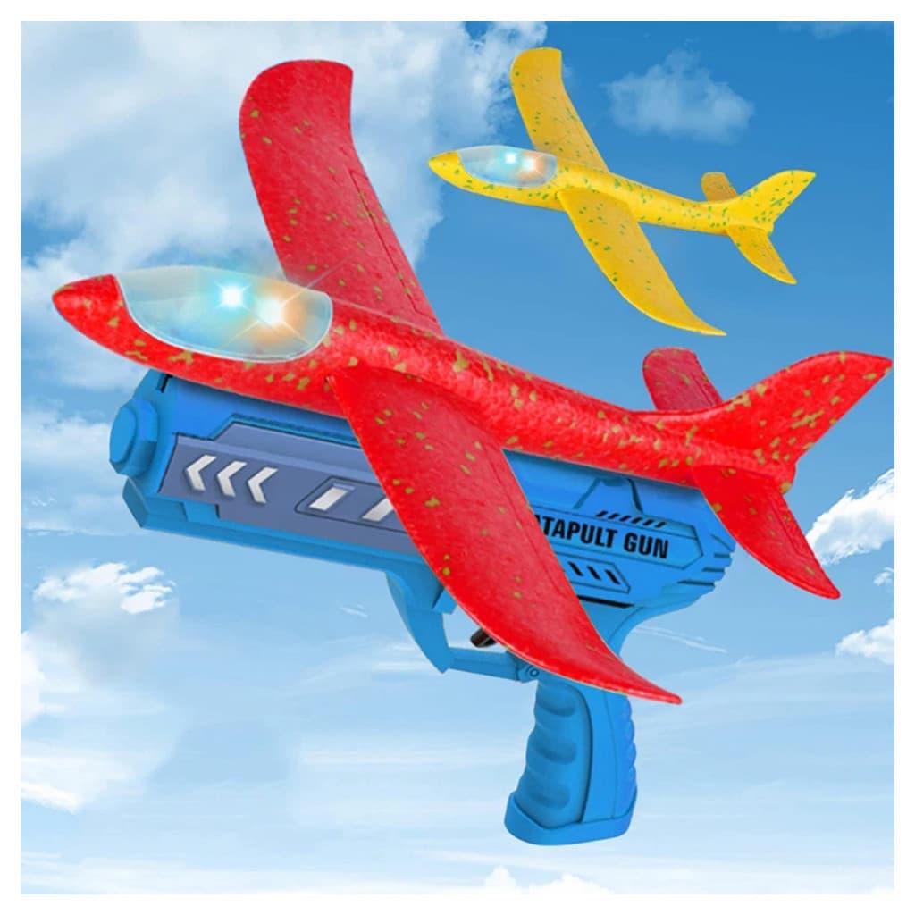 O planador, lançado por uma catapulta, mede 25*23cm e inclui o lançador e as luzes.