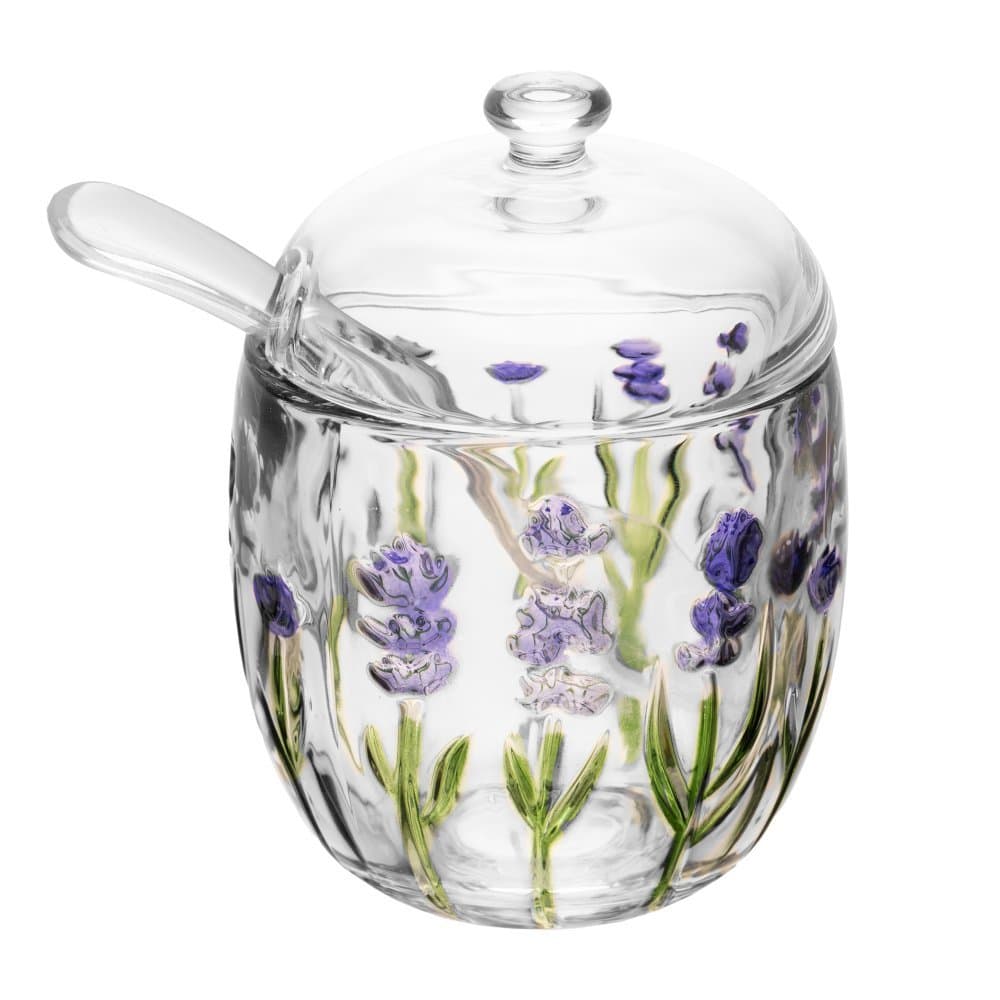 Açucareiro com Colher e Tampa Lavanda Hand Painting 8,5cm x 11,3cm Cristal Ecológico - LYOR