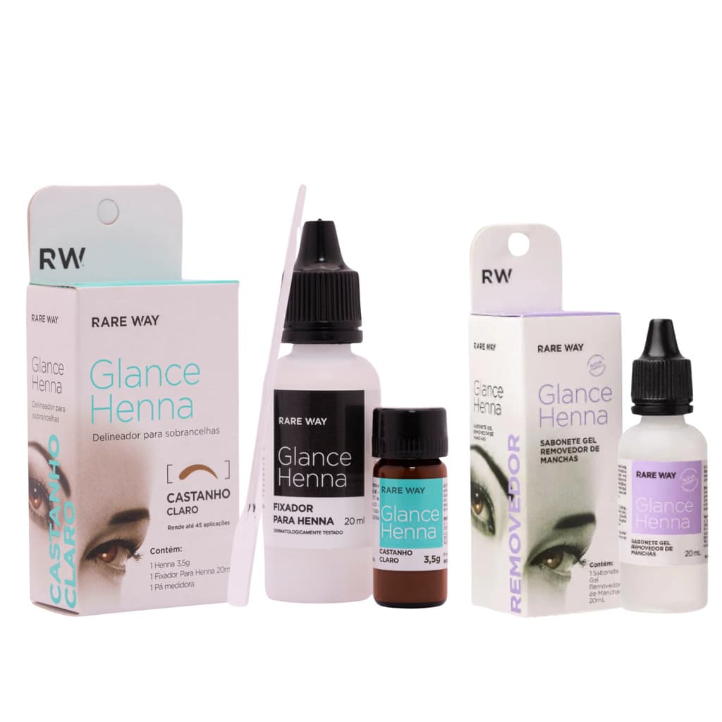 Kit Henna para Sobrancelha Glance Castanho Claro 3,5g + Removedor Henna 20ml Rare Way Original