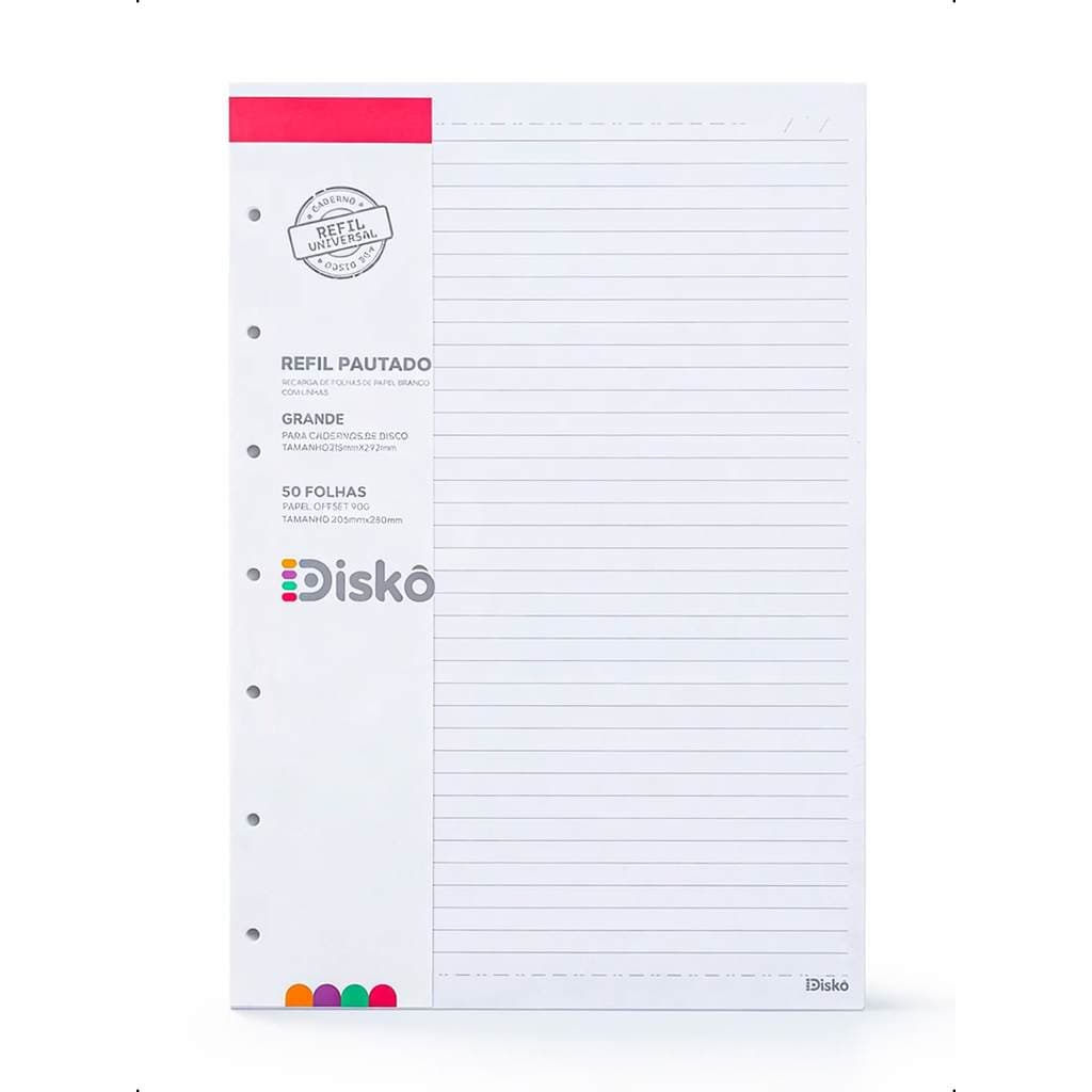 Refil Pautado Branco A4 P/Caderno de Disco Grande 50 Folhas