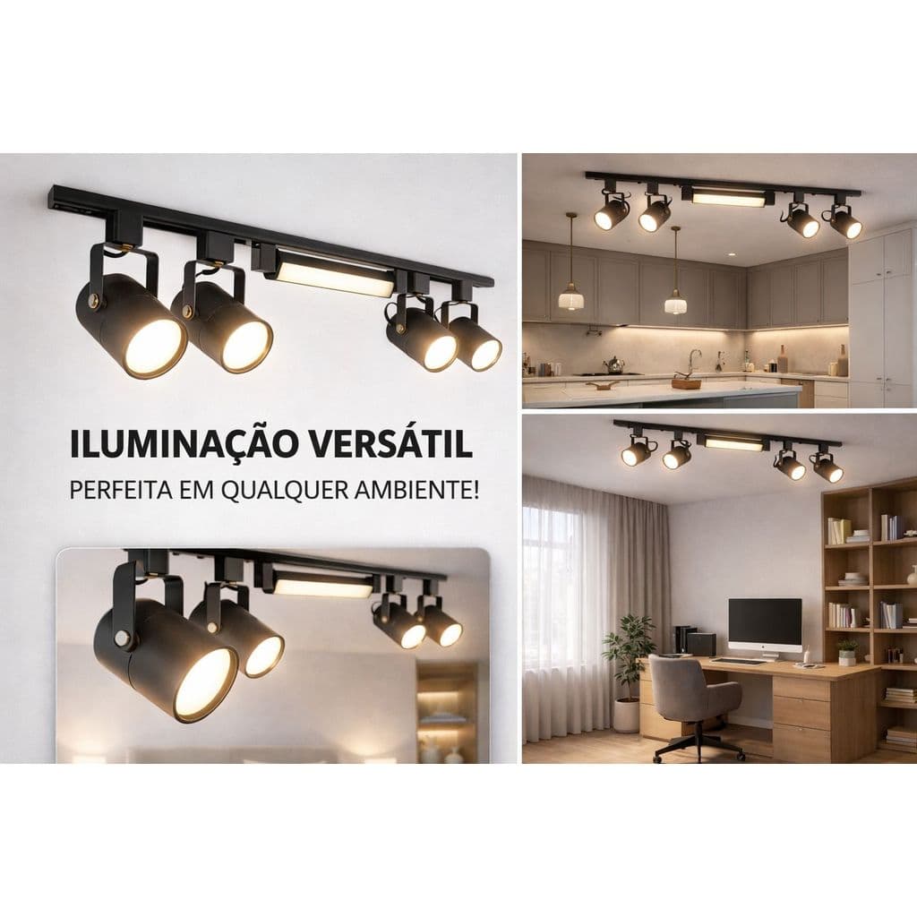 Kit Trilho Eletrificado 1m + 2 Spots Trilho Led 15w + Luminária Difusa 3000k 4000k 6500k Bivolt Preto Branco inclinavell