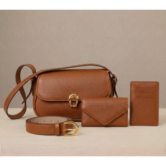 Kit 4 Itens Bolsa Feminina + Cinto + Carteira + Porta Cartão Feminina Tendência Couro Sintético