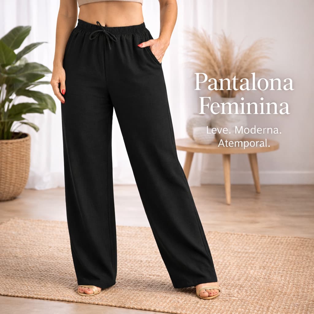 Calça Pantalona Feminina Cintura Alta Com Cordão e Bolso Casual P ao GG