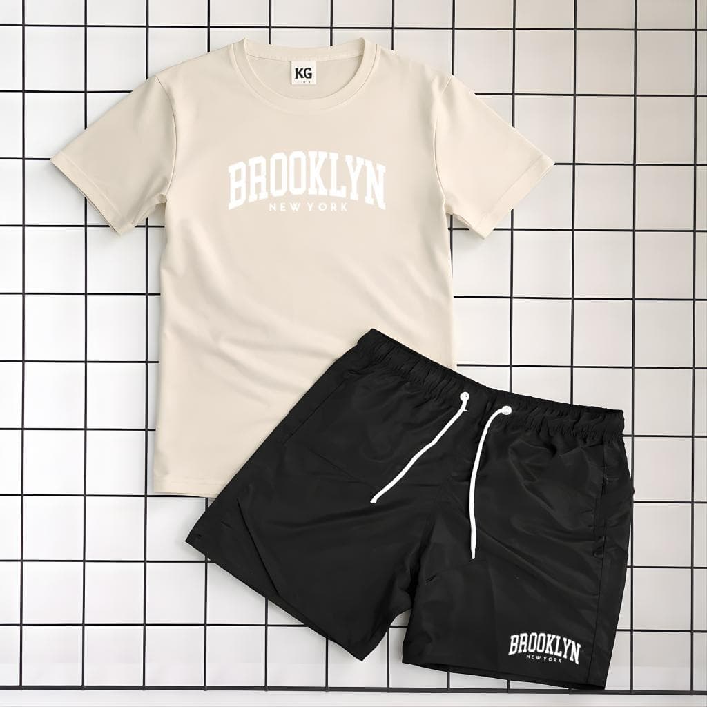 Conjunto Masculino Brooklyn New York Bermuda Tactel Pto + Camiseta Casual Streetwear