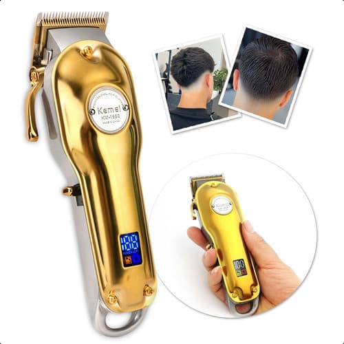 Kemei KM-1986 Máquina Corte Cabelo Profissional Metal Dourada Display LCD Sem Fio Barbeiro Alta Potência