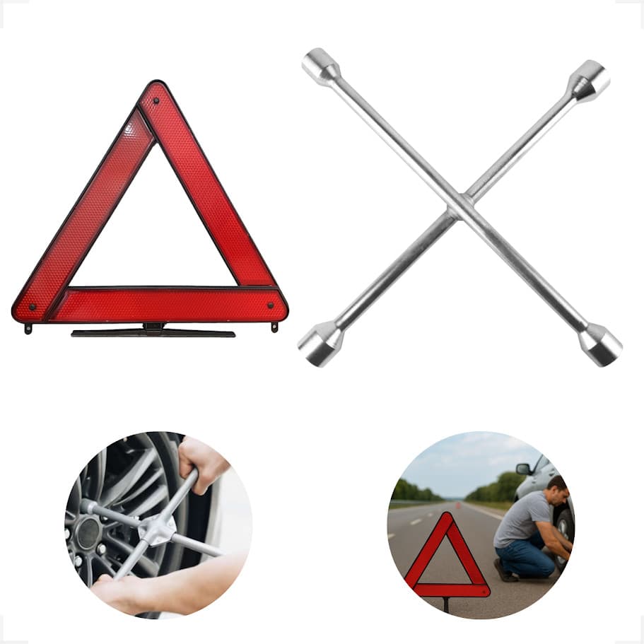 Kit Triangulo Emergência Sinalização Universal + Chave Roda Alta Resistência Longa Durabilidade Reforçado Novo