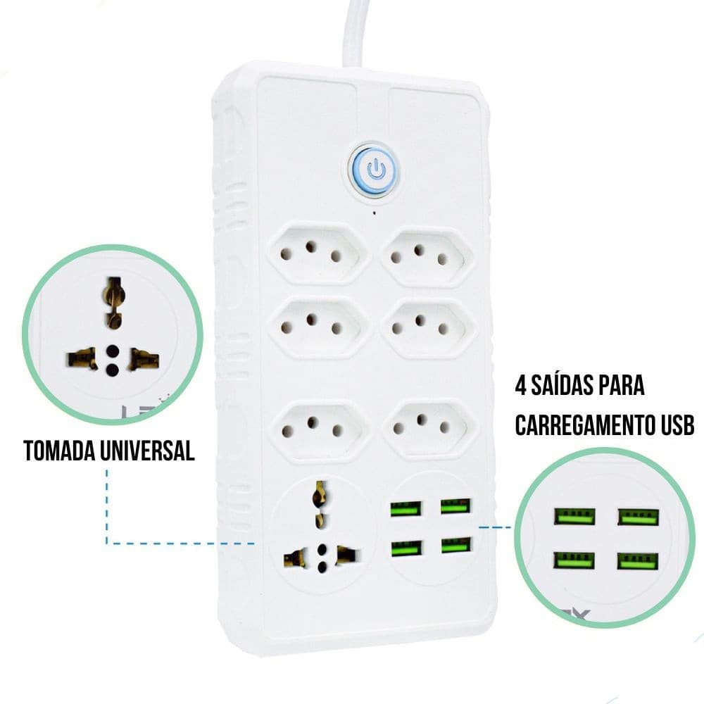 Régua Filtro de Linha com 7 Tomadas Extensão Elétrica 1 Universal 4 USB Bivolt 10A 110v/220v Cabo de 2 Metros Seguro