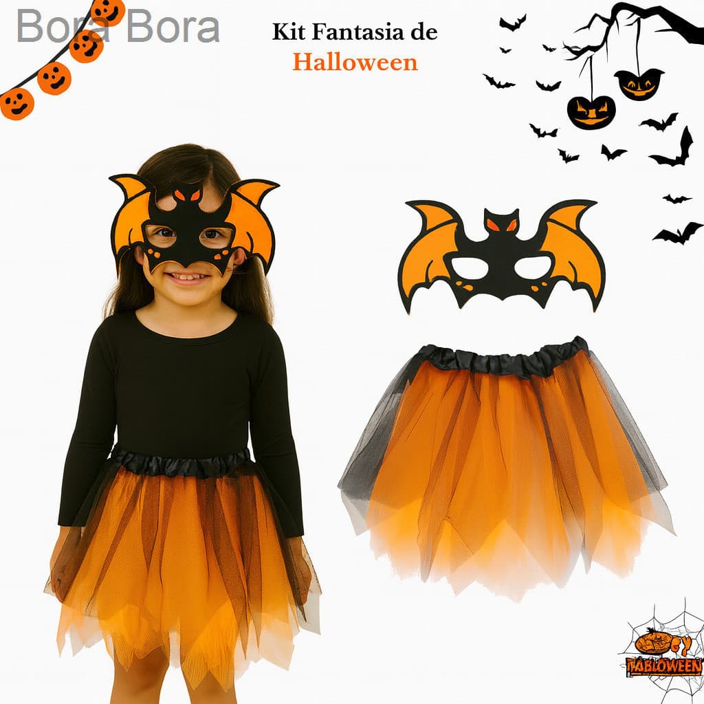 (V)Fantasia Infantil Halloween Saia Laranja com Máscara de Morcego 🦇T378